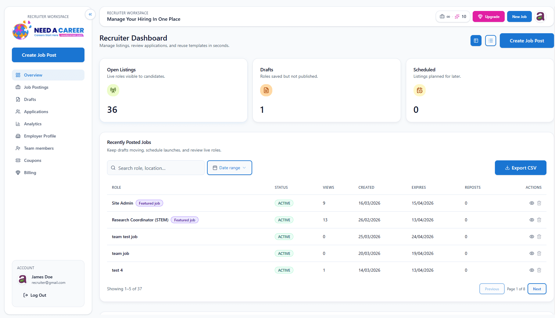 Recruiter dashboard with job listings, applications, and hiring overview
